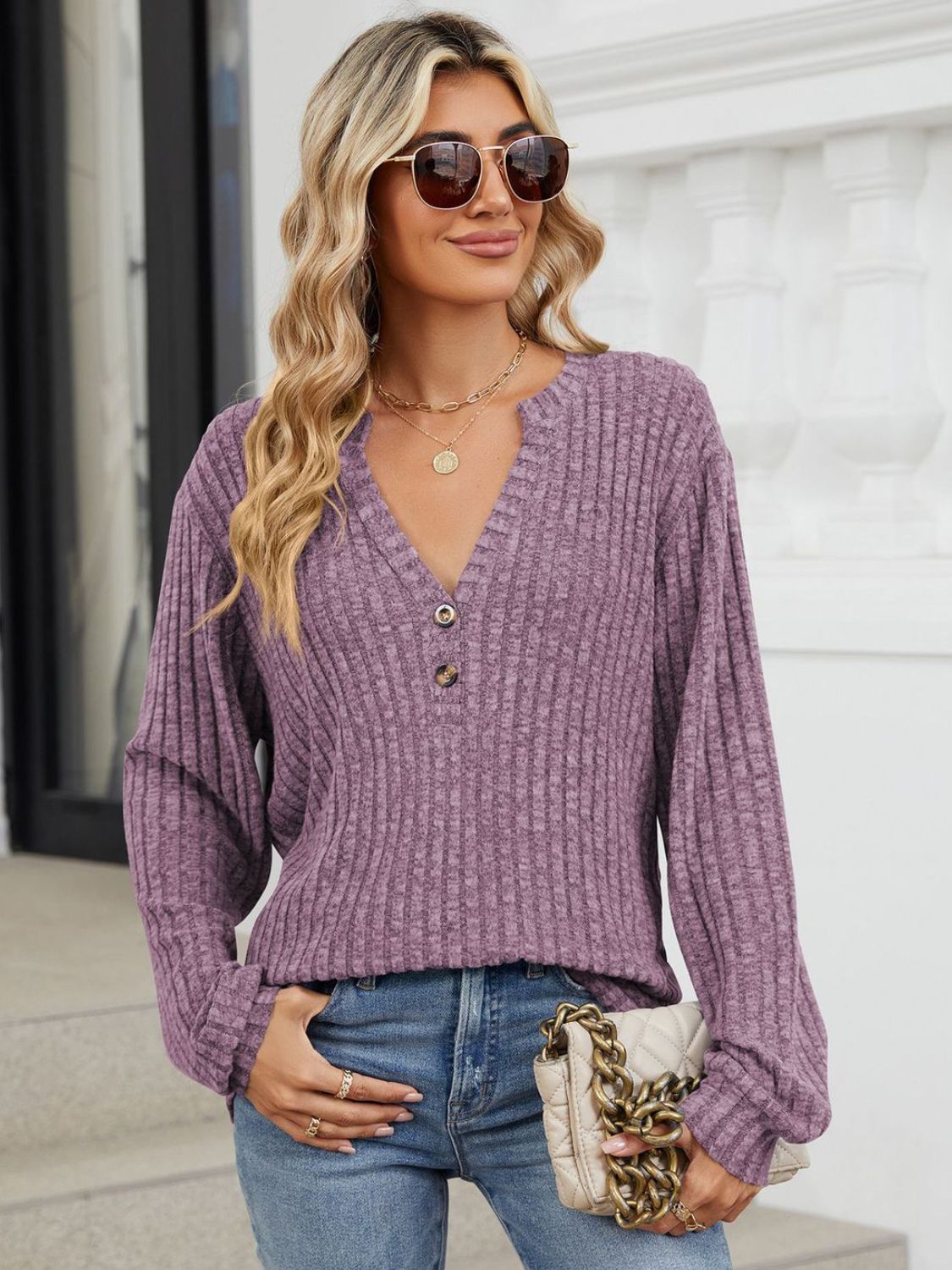 Ribbed Notched Long Sleeve T-Shirt