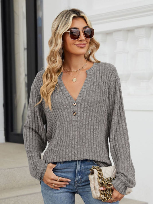 Ribbed Notched Long Sleeve T-Shirt